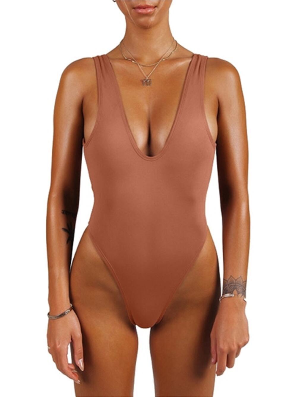Sofsy High Cut Low Back One Piece Swimsuit Tan Size XXL